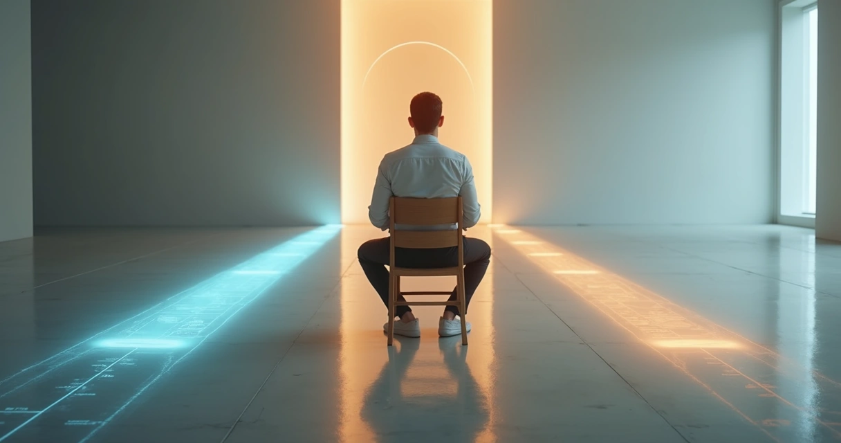 Profissional de olhos fechados meditando diante de duas opções de caminhos luminosos 