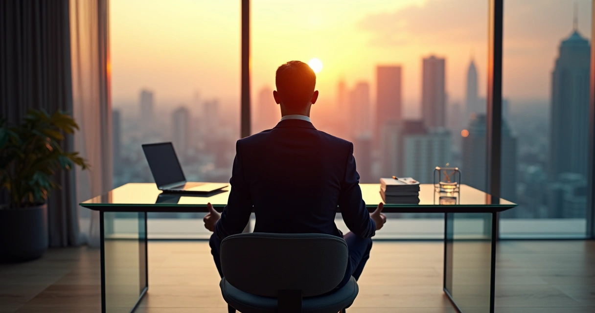 Executivo sentado em silêncio meditando em seu escritório moderno 