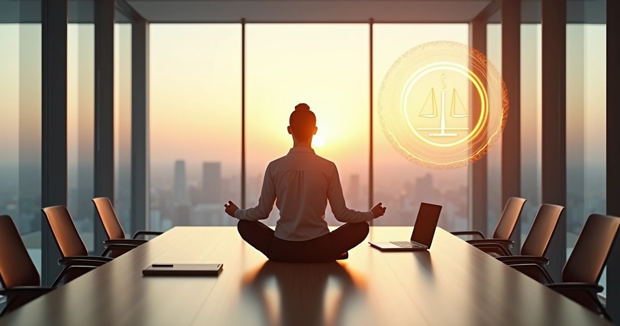 Profissional meditando em posição de lótus em sala de reunião corporativa 