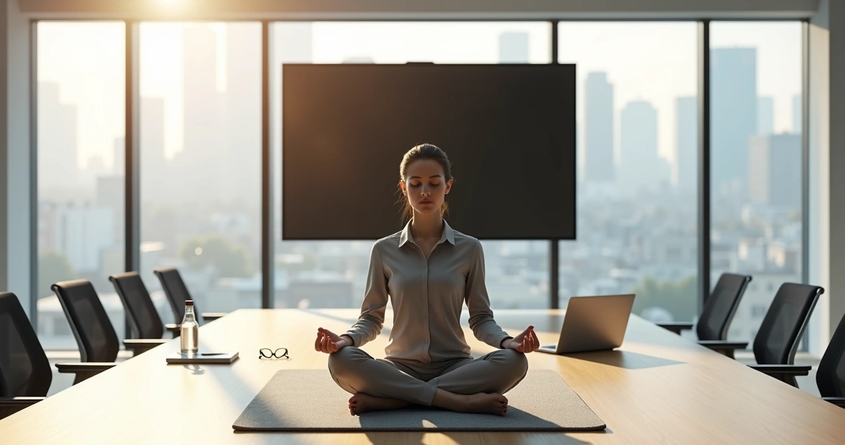 Profissional meditando em posição de lótus em sala de reunião moderna 