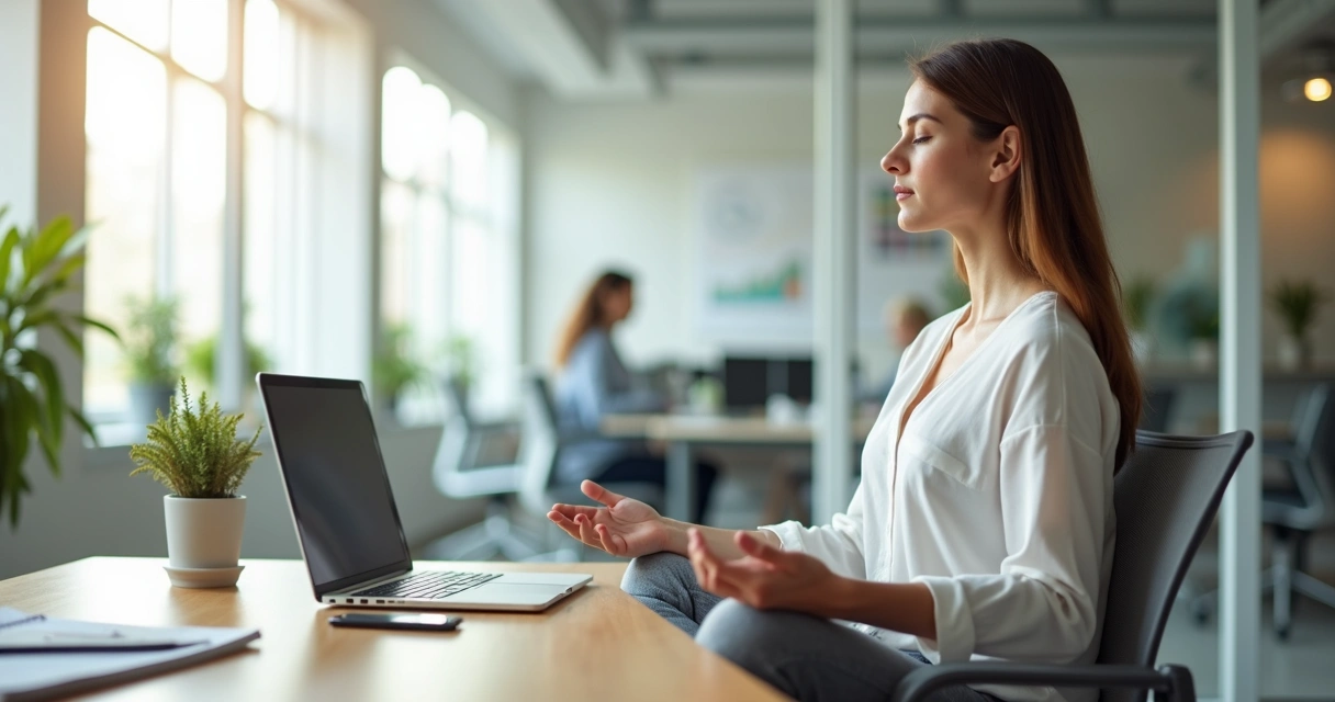 Profissional em meditação silenciosa diante do computador no escritório moderno 