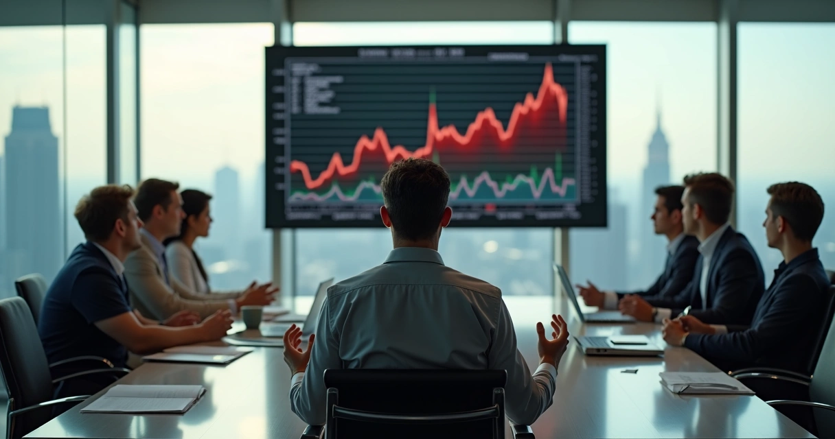Líder sentado em postura de meditação em sala de reunião moderna com equipe ao fundo e gráficos na tela 