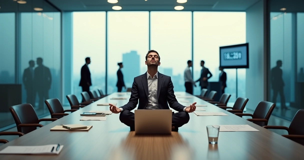 Profissional sentado em meditação silenciosa antes de reunião de negócios 