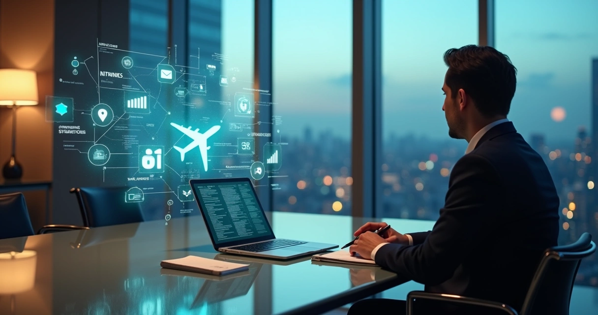 Executivo em sala de reunião observando holograma de avião e pontos de milhas 