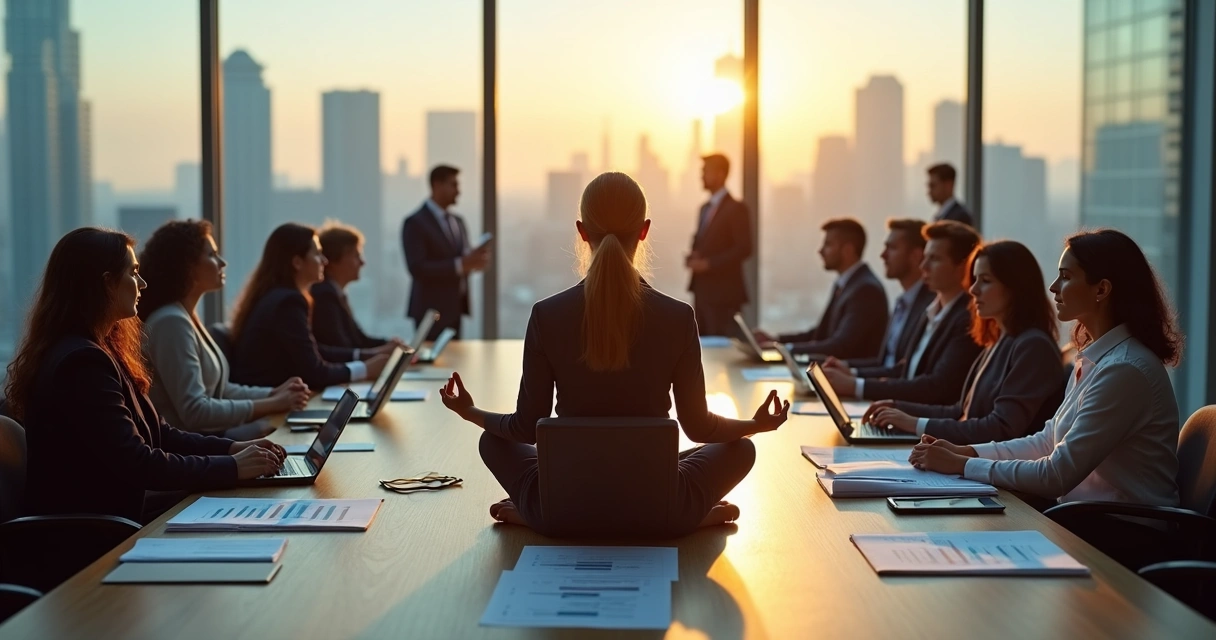 Executiva meditando em sala de reunião moderna antes de tomar decisões corporativas 