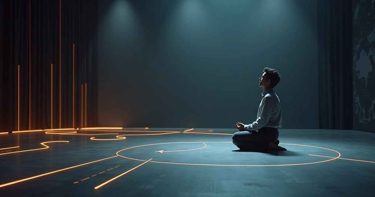 Líder sentado em posição de mindfulness diante de palco estratégico com setas e fluxos de decisão 