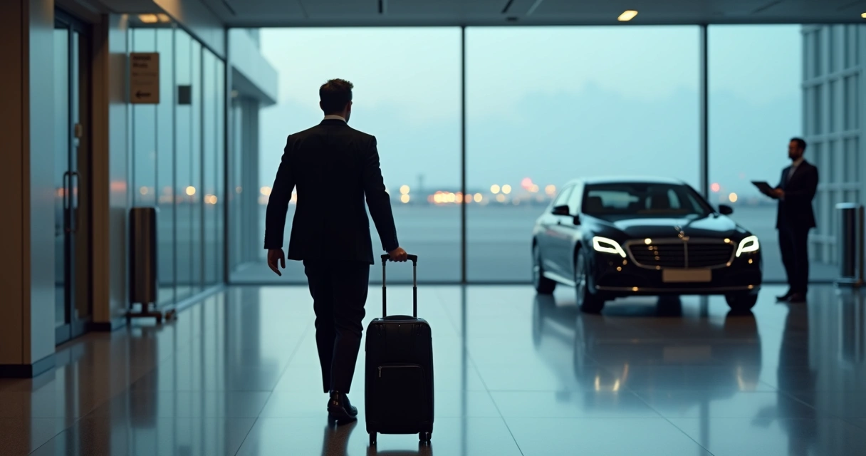 Executivo de terno caminhando com mala em saguão moderno de aeroporto 