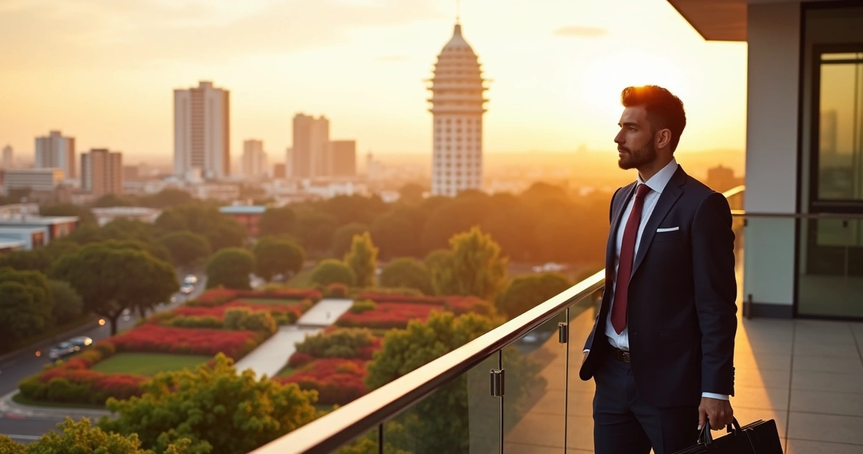 Executivo apreciando vista do Parque Tanguá, mirante ao pôr do sol 