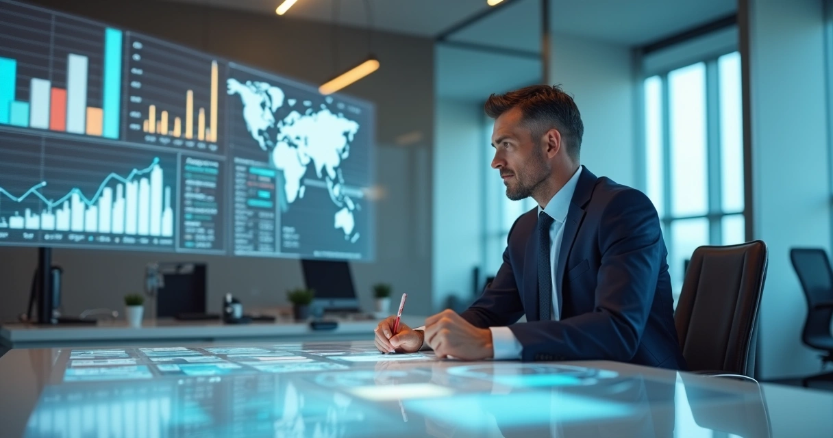 Executivo sentado pensativo analisando dados estratégicos em mesa de reunião 