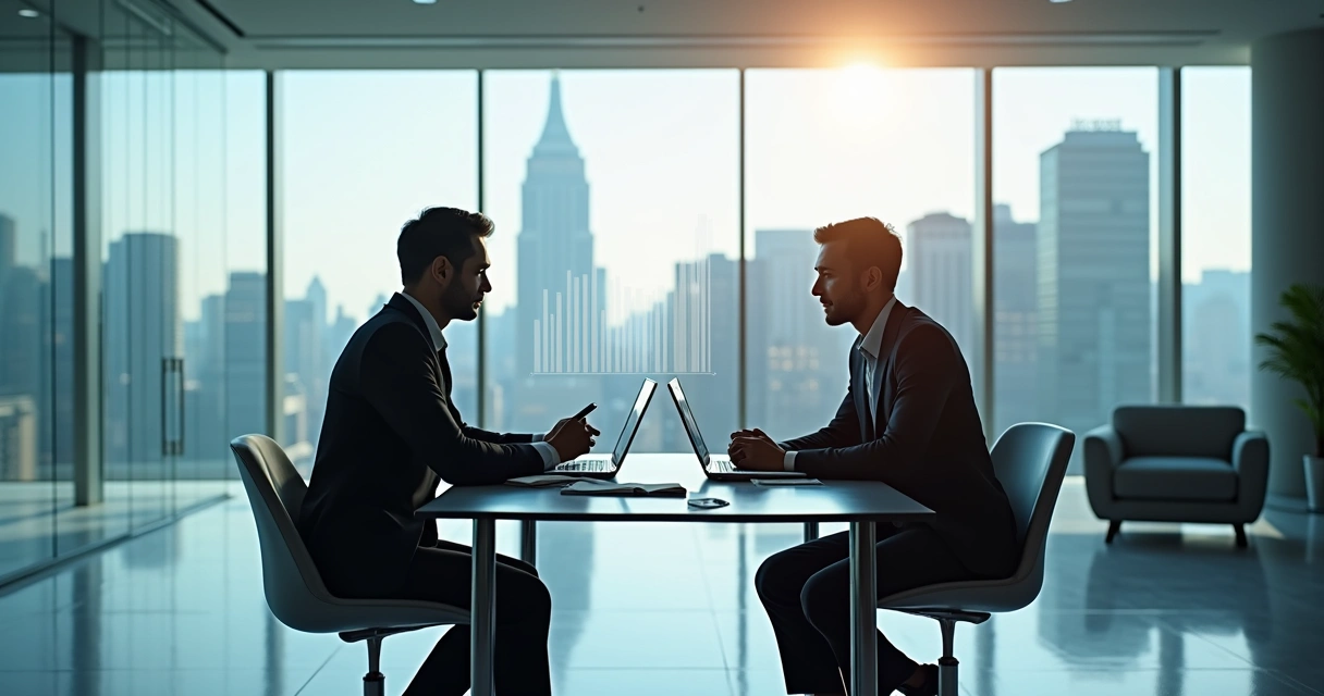 Executivo em reunião com planejador financeiro em ambiente moderno 