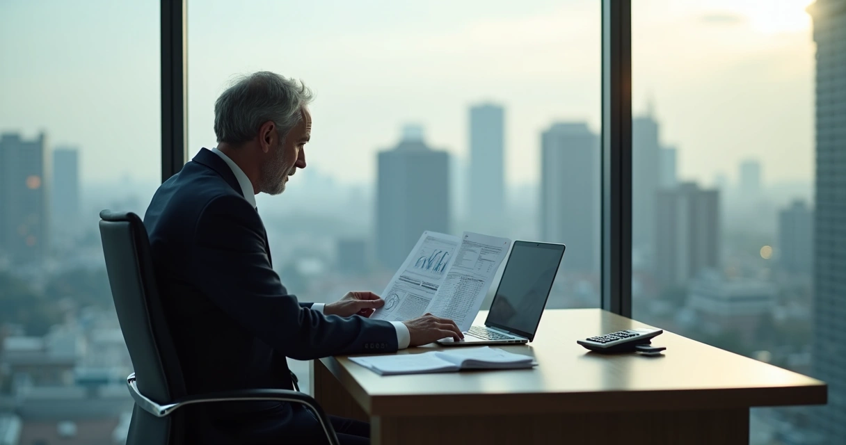 Executivo revisando planejamento fiscal em escritório