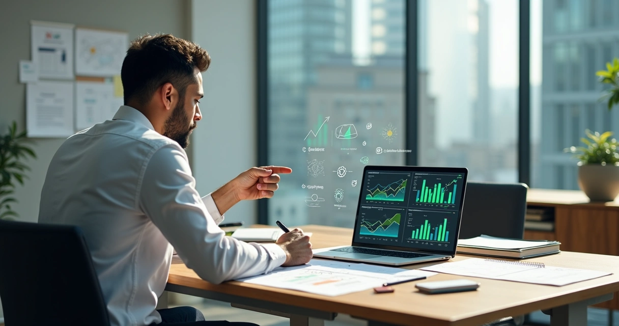 Empresário analisando gráficos de vendas e gestão em mesa de escritório moderna 