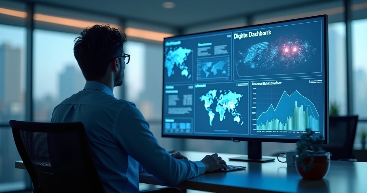 Executivo estudando gráficos de risco e segurança digital 