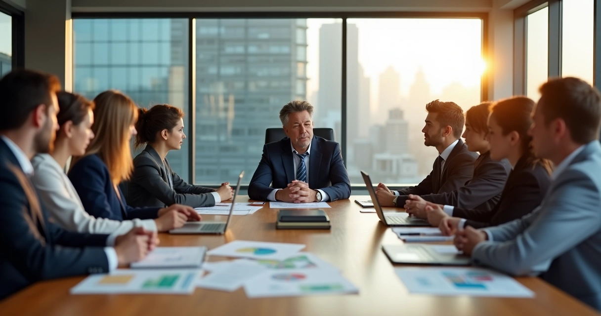 Líder sentado em silêncio à frente de equipe em reunião estratégica 