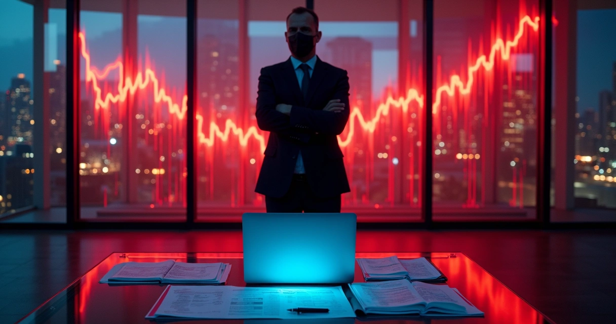 Executivo em sombra diante de gráficos financeiros avermelhados sugerindo fraude 