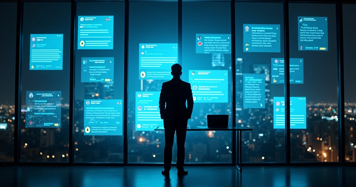 Executivo observa parede com projeções de redes sociais e sombra distorcida atrás dele 