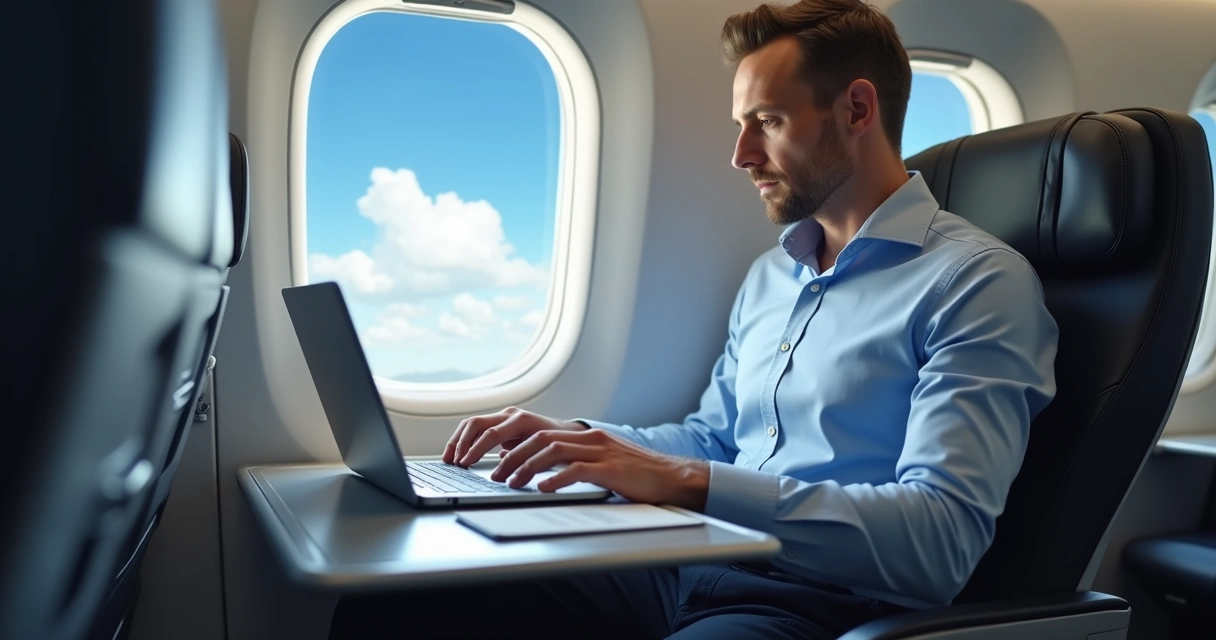 Executivo trabalhando em laptop dentro de avião em voo de negócios, com janela mostrando céu azul 