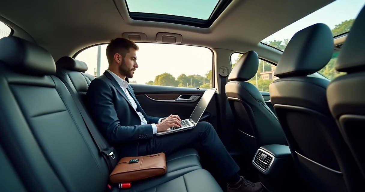 Executivo trabalhando em notebook em banco traseiro de carro executivo 