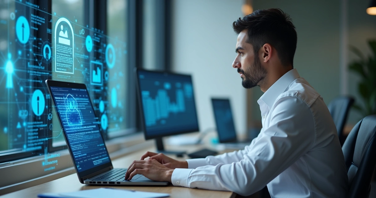 Executivo de negócios trabalha em laptop com gráficos digitais ao fundo 