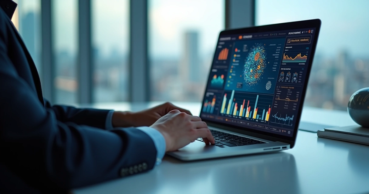 Homem sentado na frente de laptop analisando gráficos com IA