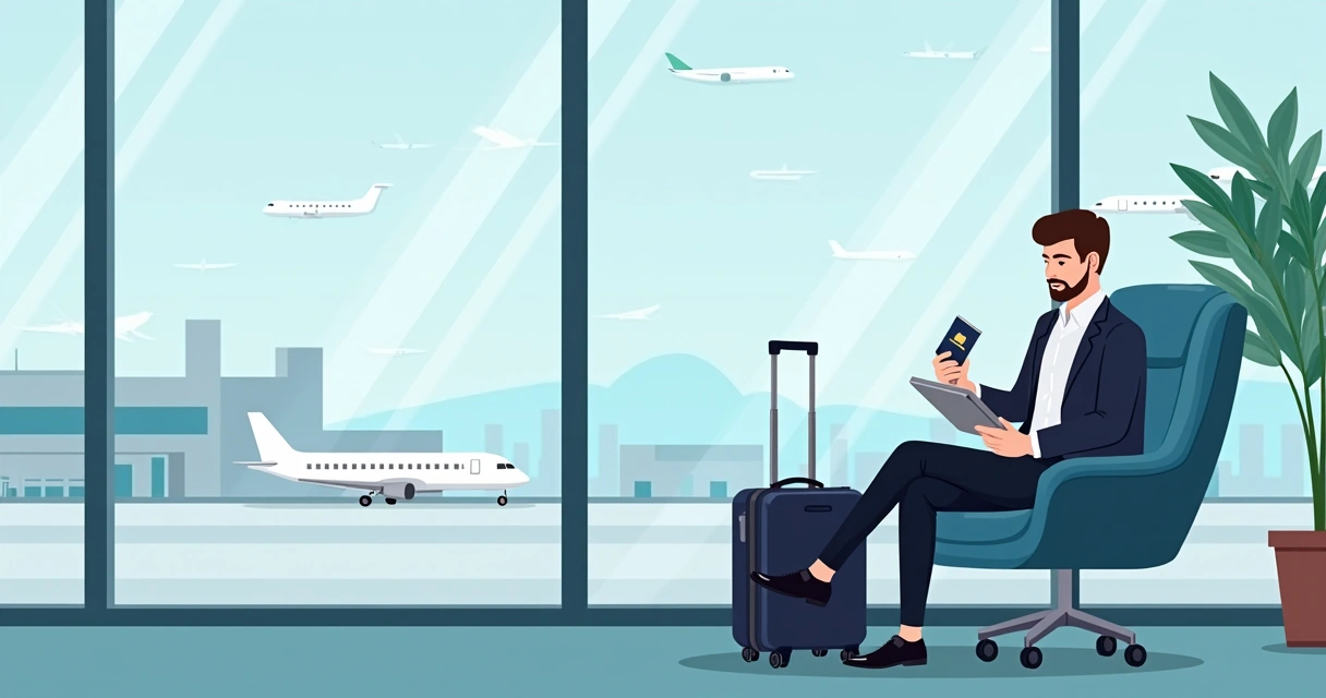 Executivo conferindo documentos e passaporte sentado no aeroporto 