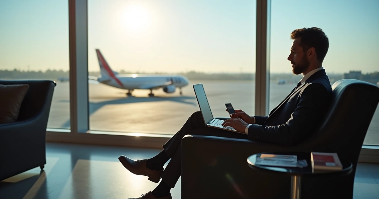 Executivo usa cartão em sala de aeroporto 