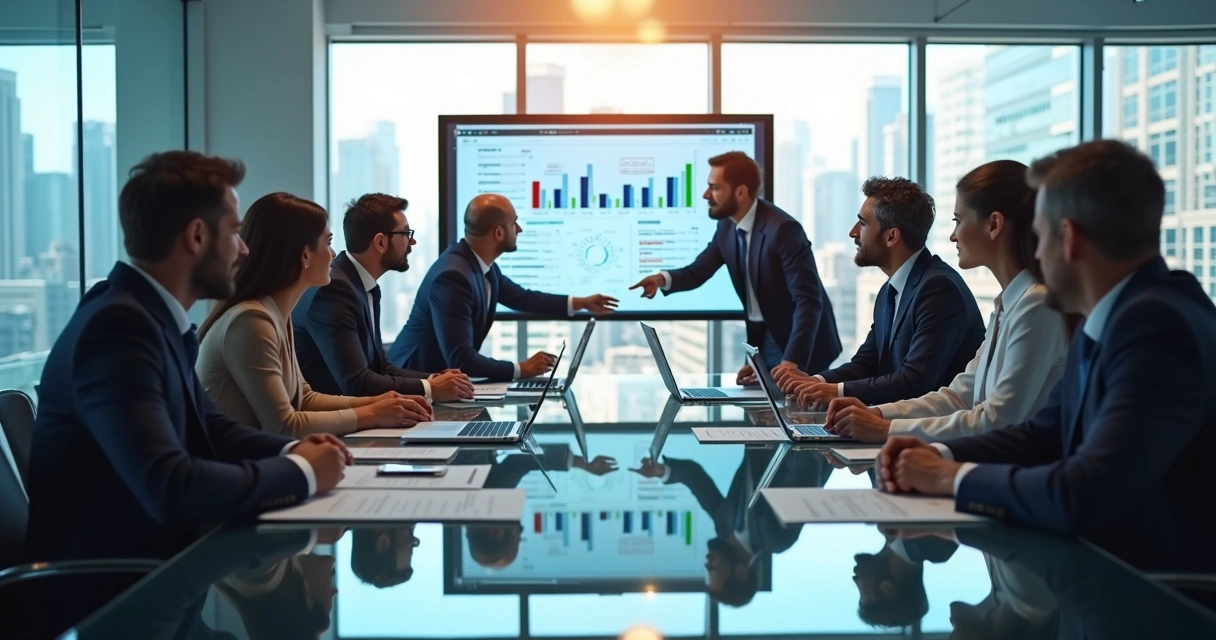 Executivos analisando gráficos e relatórios em reunião de negócios 