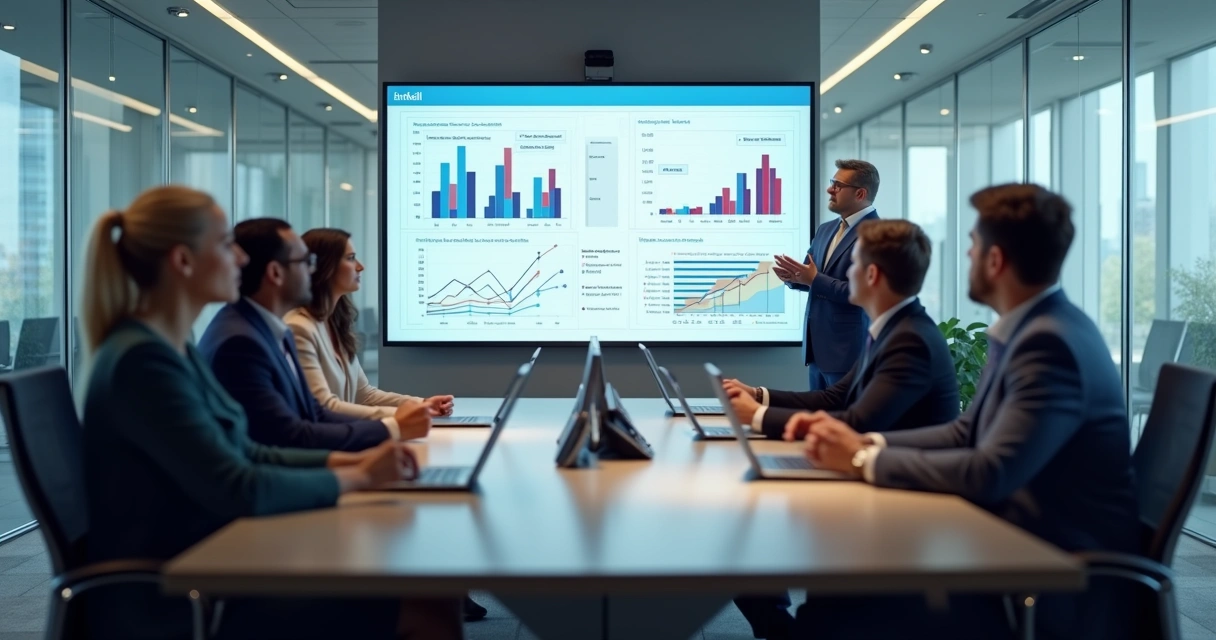 Executivos observando uma apresentação visual com gráficos em sala de reunião 