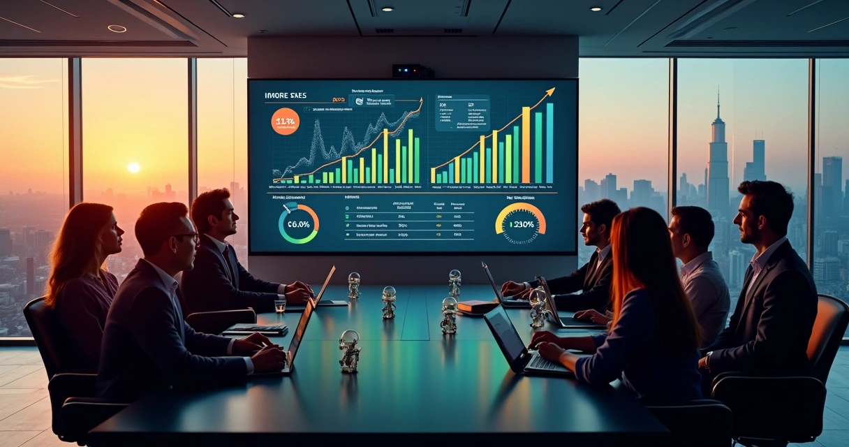 Executivos analisando gráficos de ROI de projetos de inteligência artificial em uma tela grande 