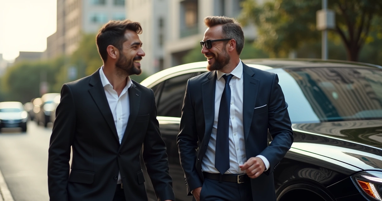 Executivos durante passeio privativo em Curitiba com motorista, paisagem urbana ao fundo 