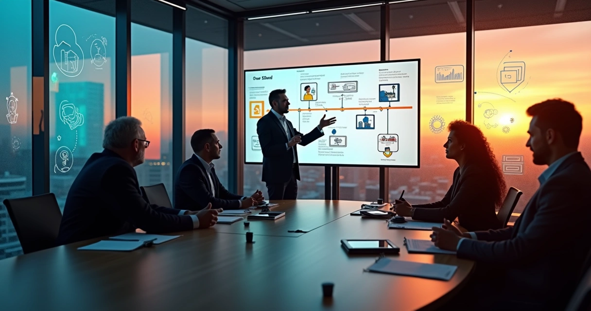 Executivos em reunião usando elementos visuais para contar histórias de negócios B2B 