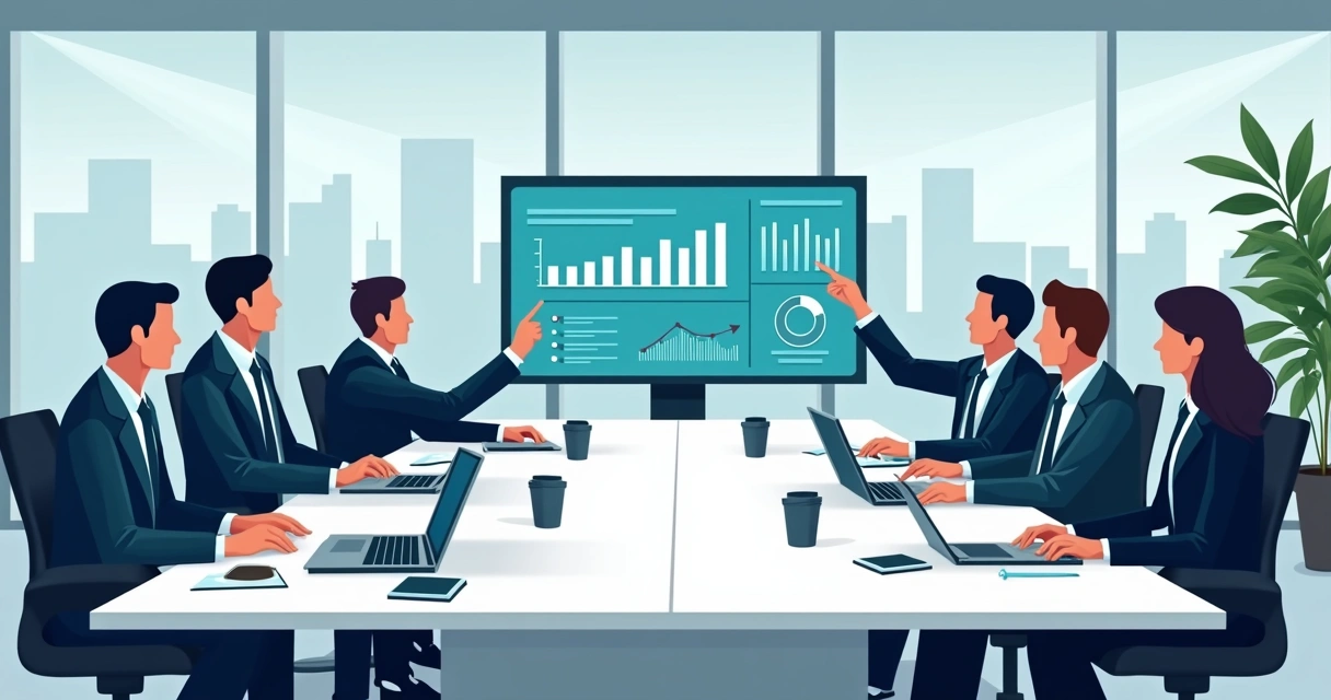 Executivos em reunião discutindo gráficos de IA 