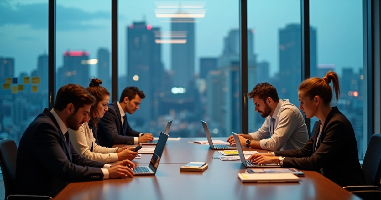 Equipe de executivos em escritório moderno com clima de desconexão e desengajamento 