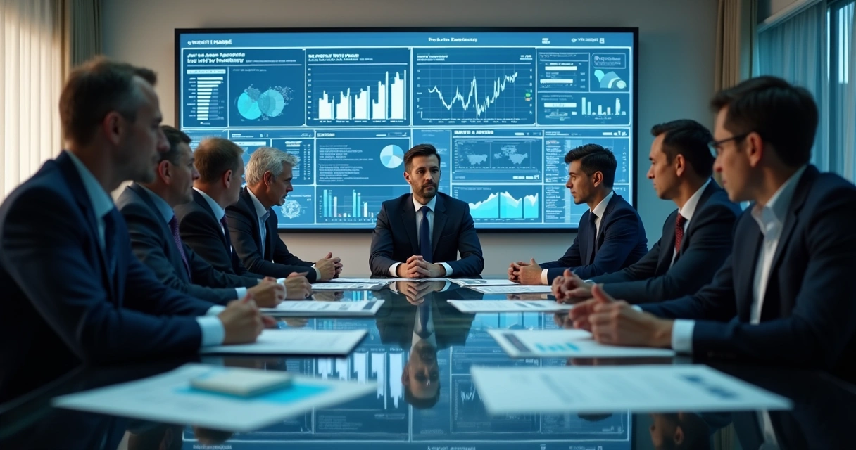 Executivos industriais discutindo estratégias em sala de reuniões 