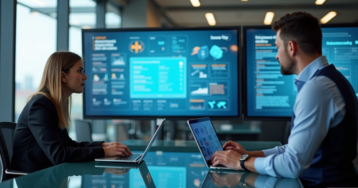 Executivos discutindo estratégias com inteligência artificial 