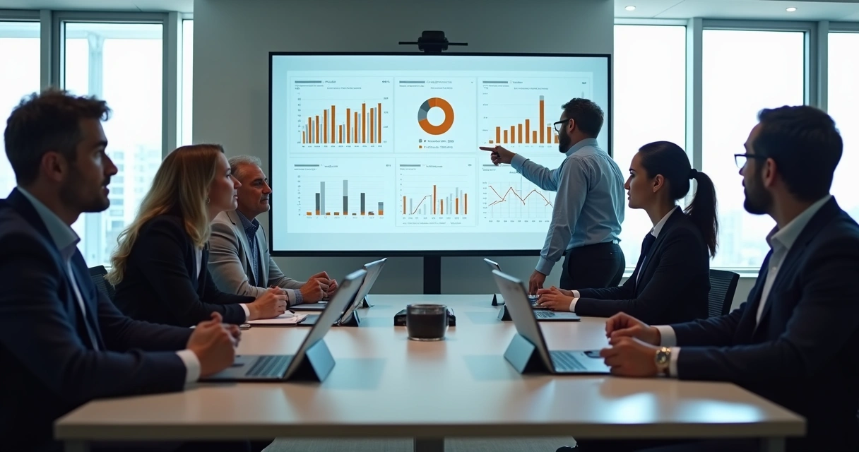 Executivos discutindo métricas em uma sala de reuniões com telas de análise 