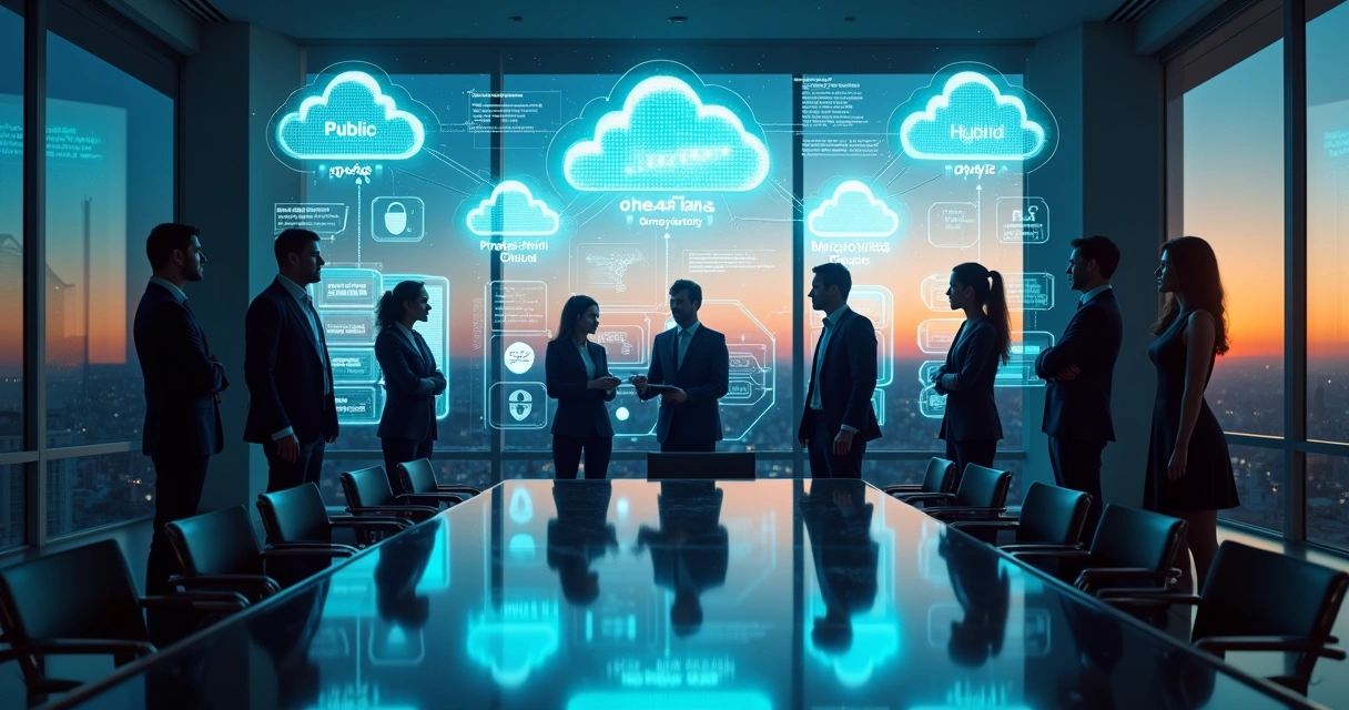 Executivos analisando opções estratégicas de cloud computing em painel digital 