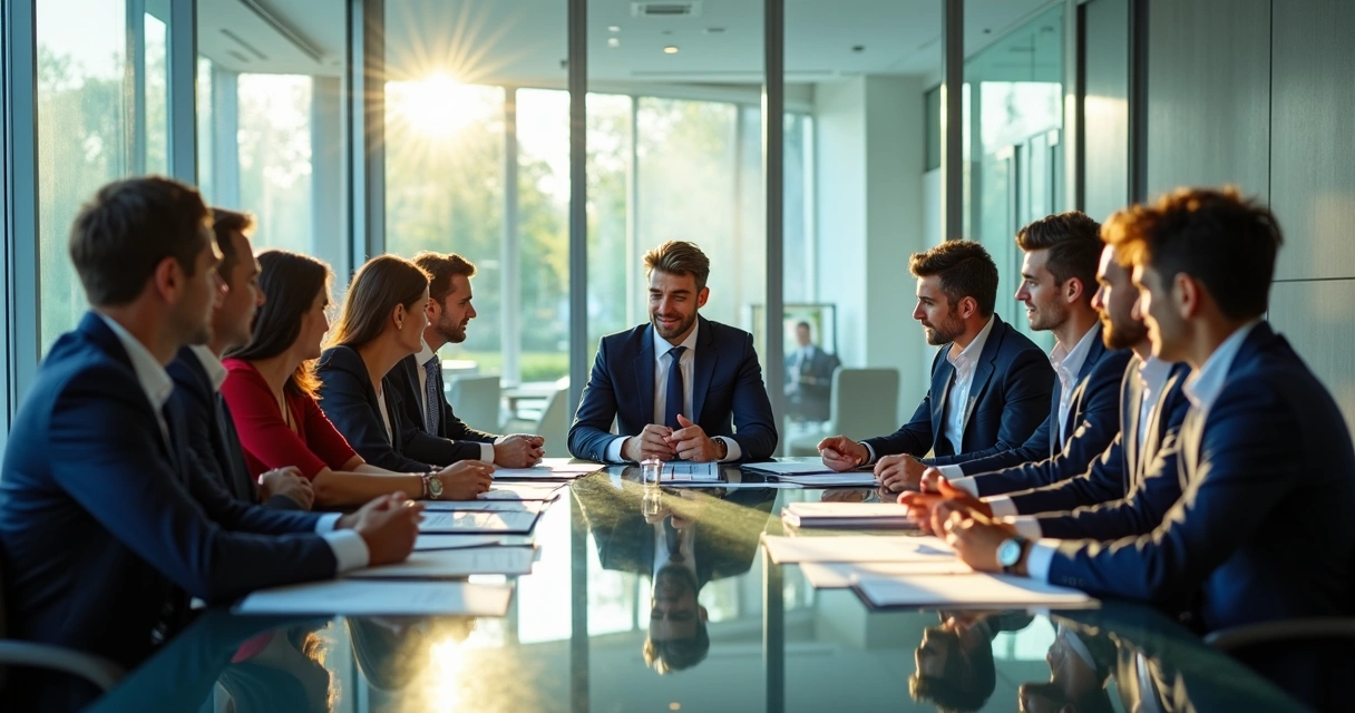 Executivos reunidos em uma sala de reunião moderna discutindo gestão de clube de futebol 