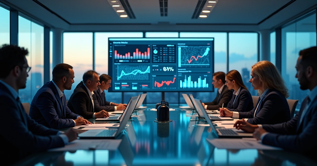 Executivos em sala de reunião analisando painéis de IA generativa e gráficos em queda 