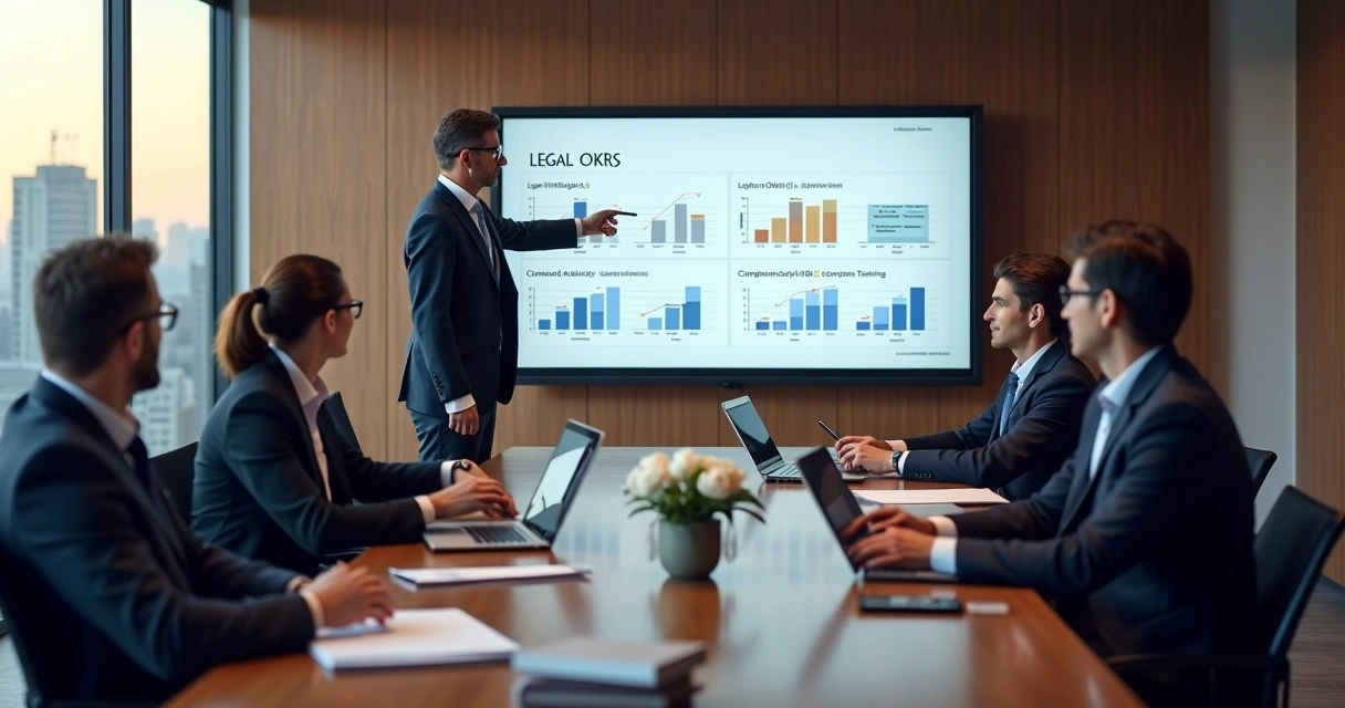 Executivos jurídicos analisando painel de OKR em reunião estratégica 