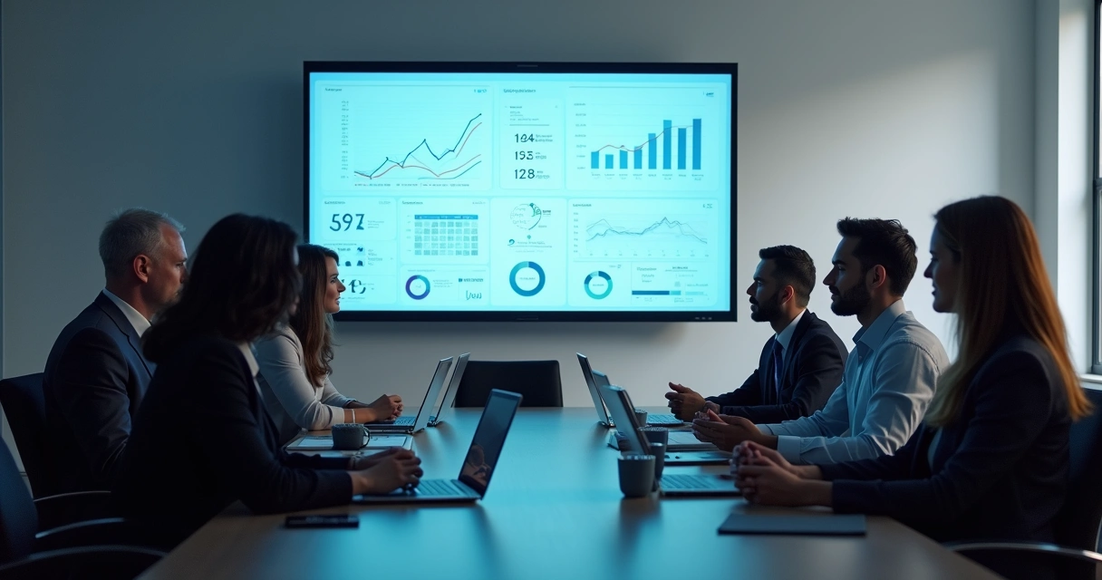 Executivos em reunião estratégica com gráficos de IA no LinkedIn projetados 