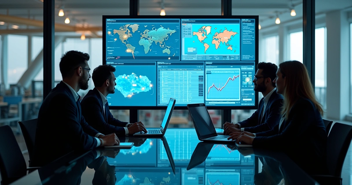 Executivos discutindo cenários de planejamento integrados com dashboards digitais 
