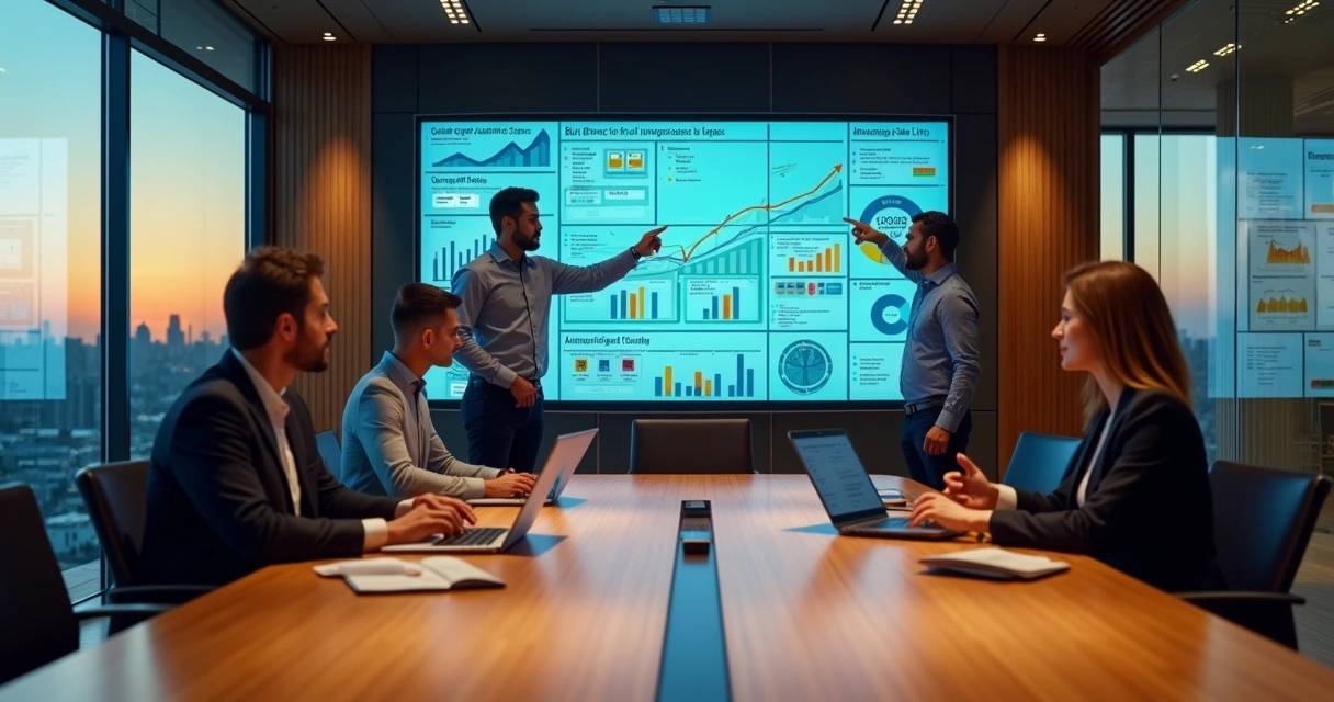 Executivos analisando grande painel com jornada de vendas B2B digital 