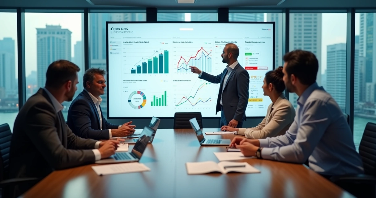 Líderes empresariais analisando metas e processos em painel digital 