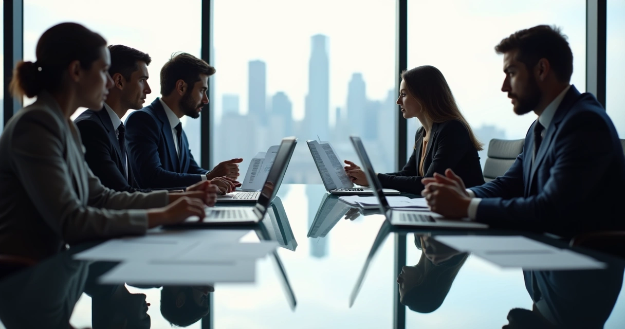 Executivos em reunião discutindo relatório de risco 