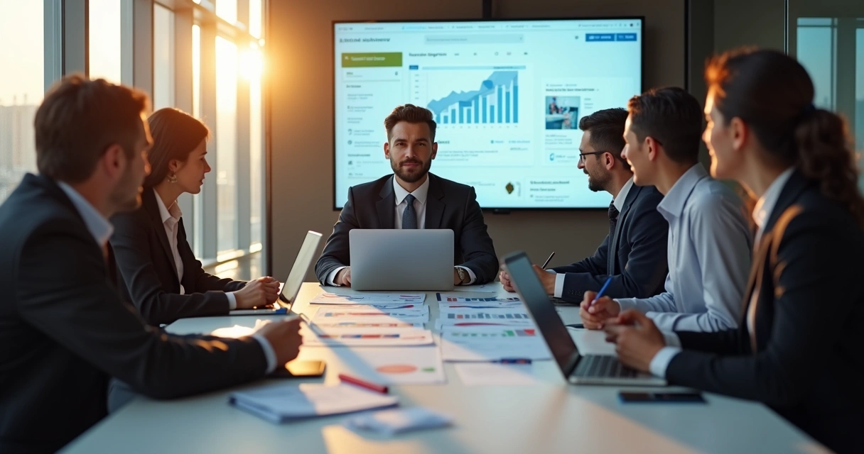 Executivos em reunião B2B discutindo estratégias de conteúdo com laptop e anotações na mesa 