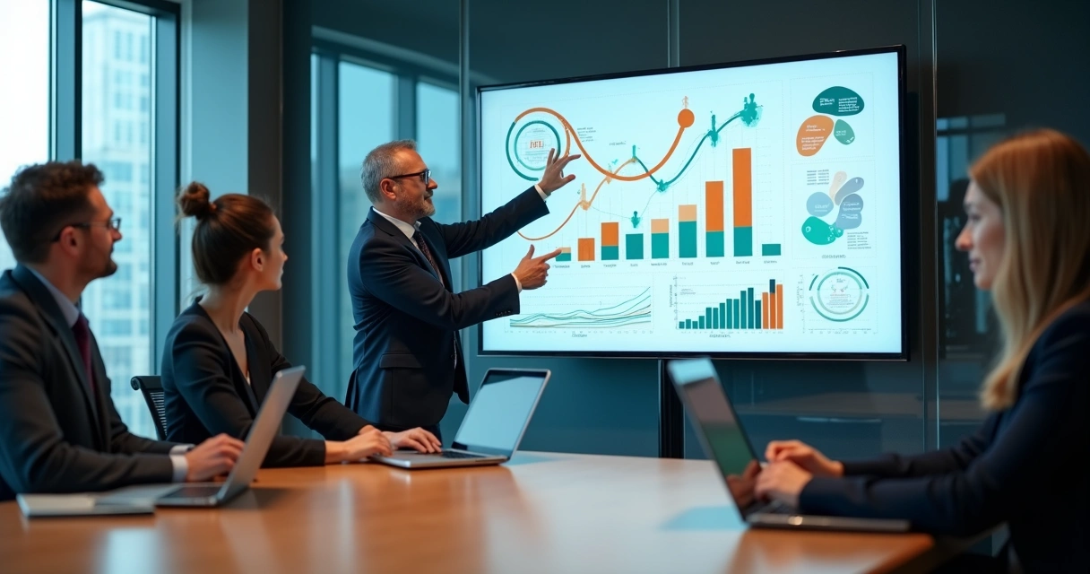 Executivos analisando painel digital com métricas de valuation humano em ambiente corporativo moderno 