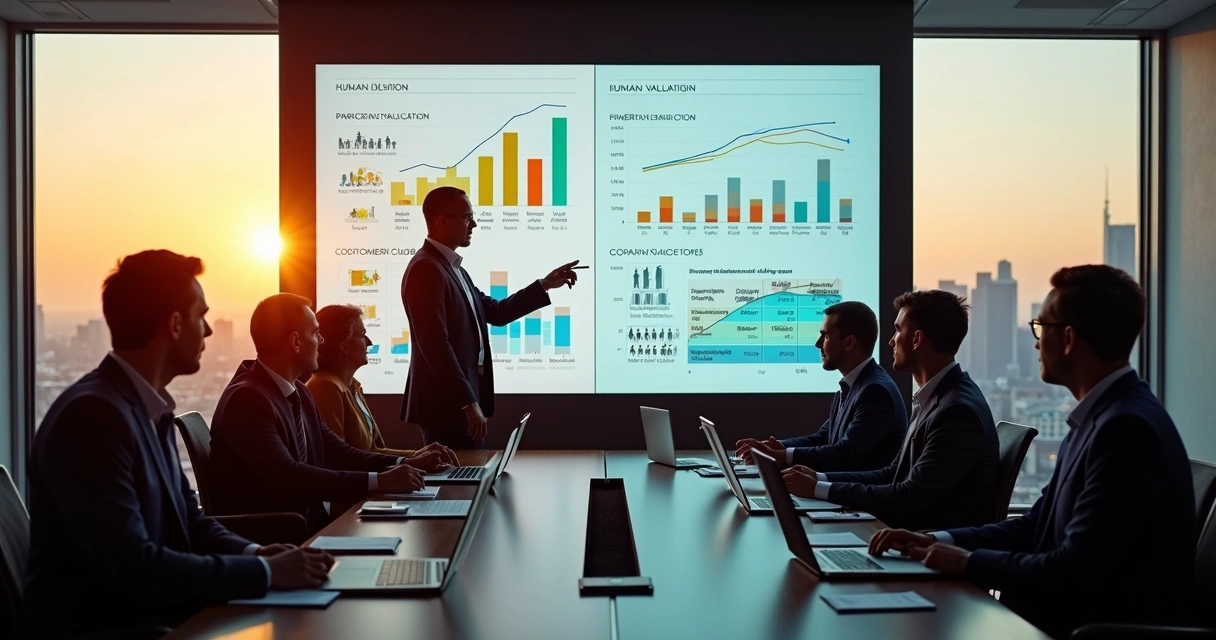 Executivos em sala de reunião avaliando pessoas e gráficos de valuation humano 