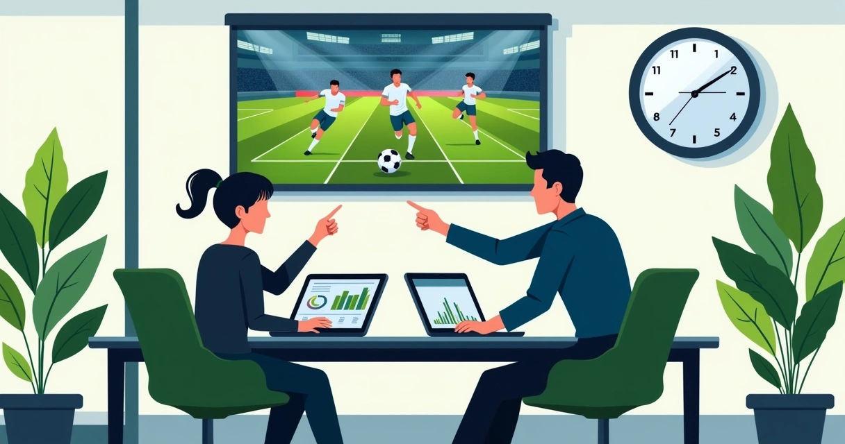 Dois traders esportivos analisando gráficos e jogo de futebol ao vivo. 