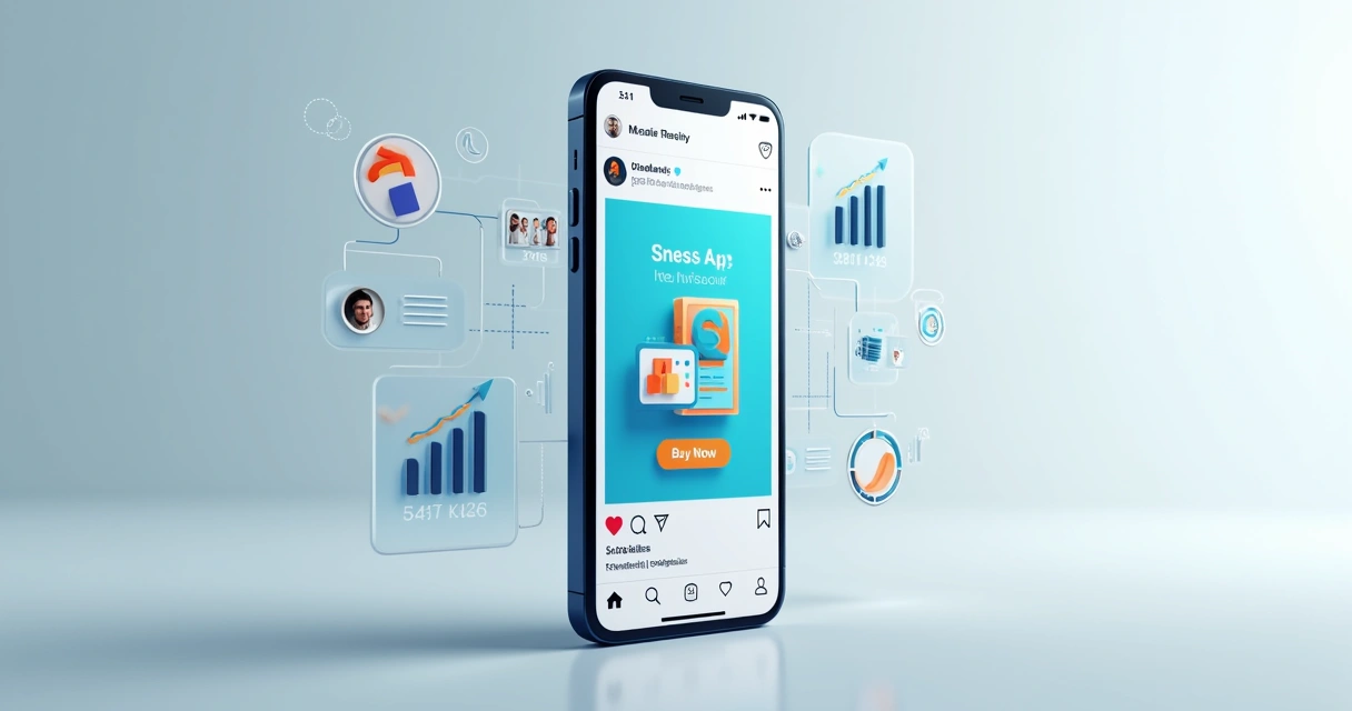 Exemplo de anúncio em feed de rede social com gráficos de desempenho 